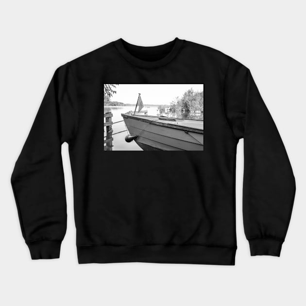 Front end of small motorboat moored on the Norfolk Broads Crewneck Sweatshirt by yackers1